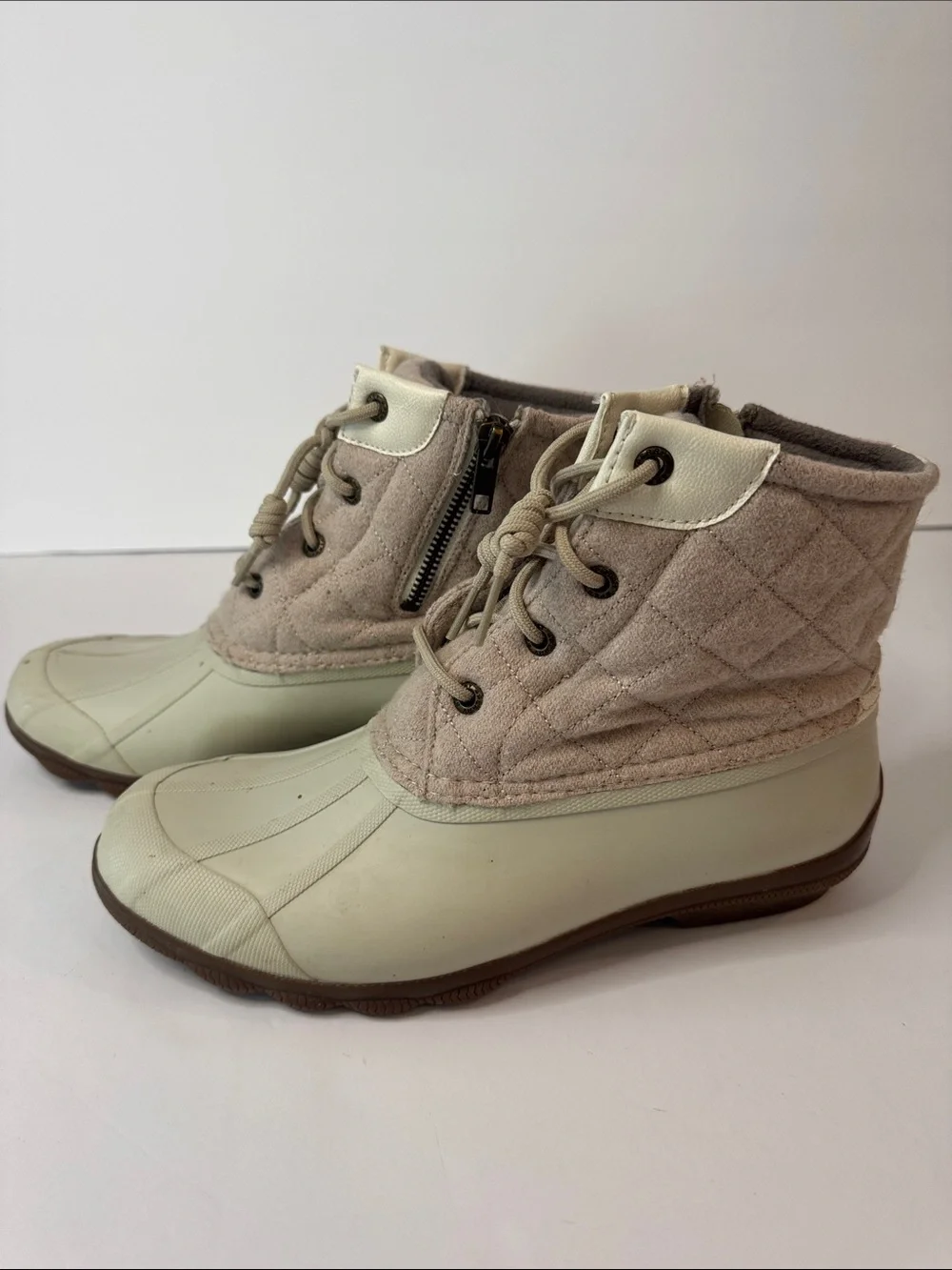 Sperry Duck Boots Quilted Wool Lace-Up Side Zip Waterproof Boots, Tan & Cream